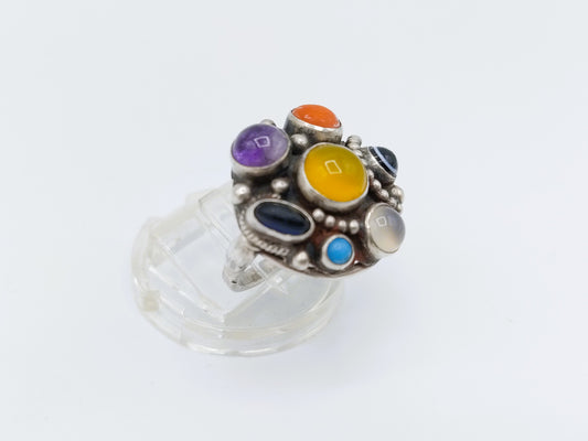 Silver ring with various colored stones, 16 mm