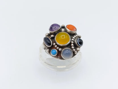 Silver ring with various colored stones, 16 mm