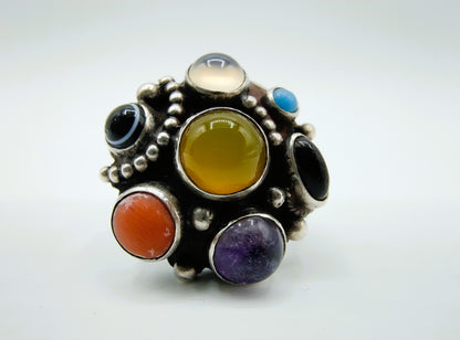 Silver ring with various colored stones, 16 mm