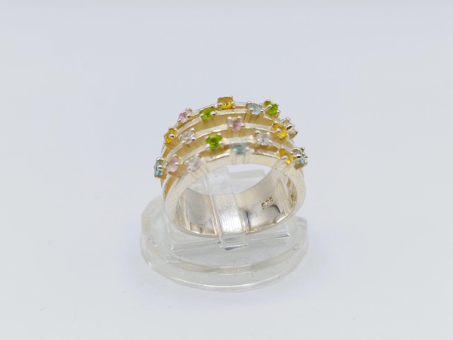 Zilveren ring met diverse kleurstenen, 17 mm