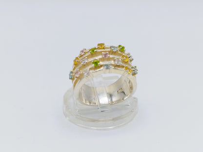 Zilveren ring met diverse kleurstenen, 17 mm