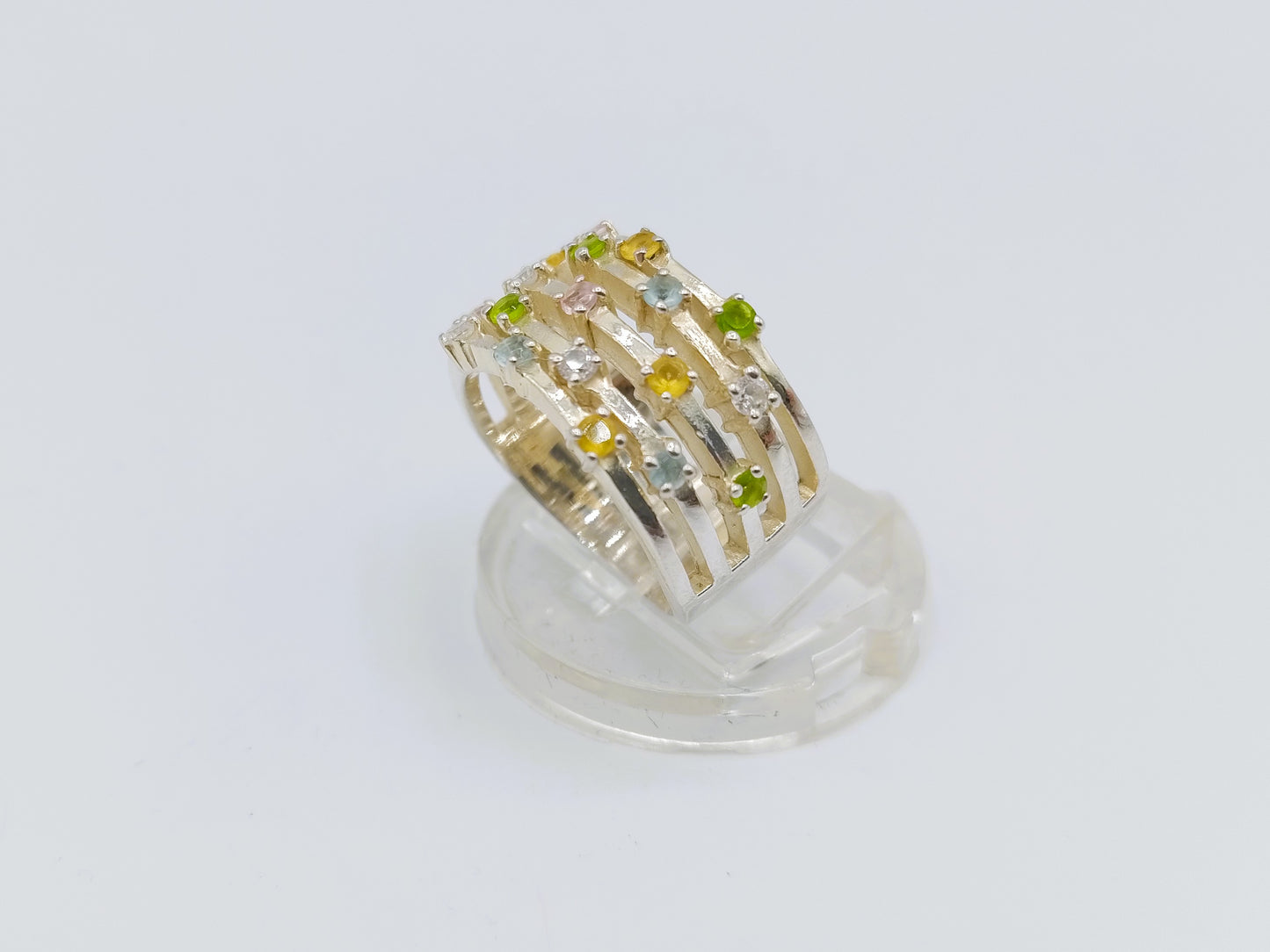 Zilveren ring met diverse kleurstenen, 17 mm