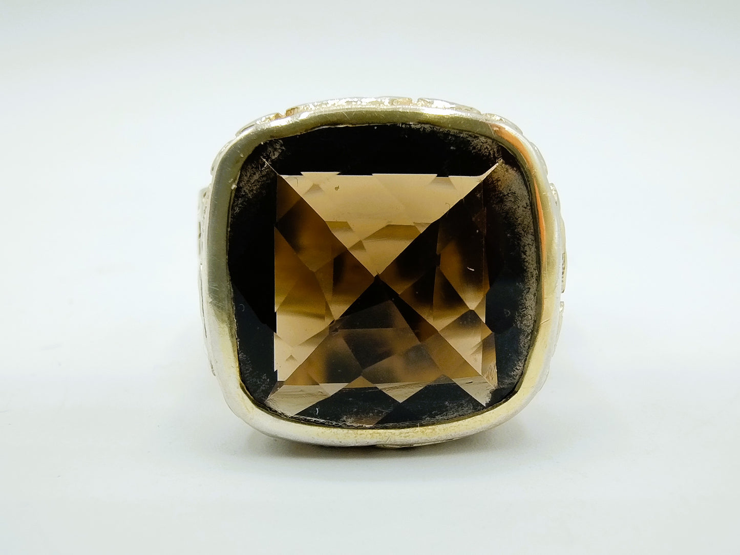 Verguld zilveren herenring met rookkwarts, 18.5 mm