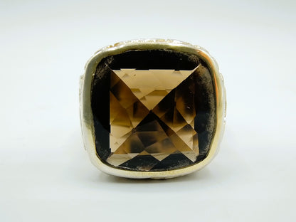 Verguld zilveren herenring met rookkwarts, 18.5 mm