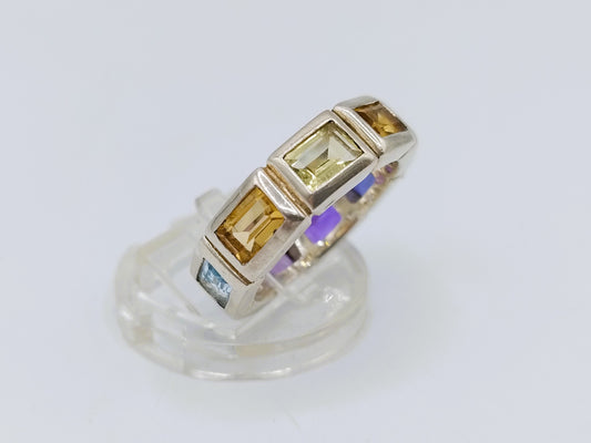 Zilveren ring met 9 kleurstenen, Amsterdam, 925, 19 mm