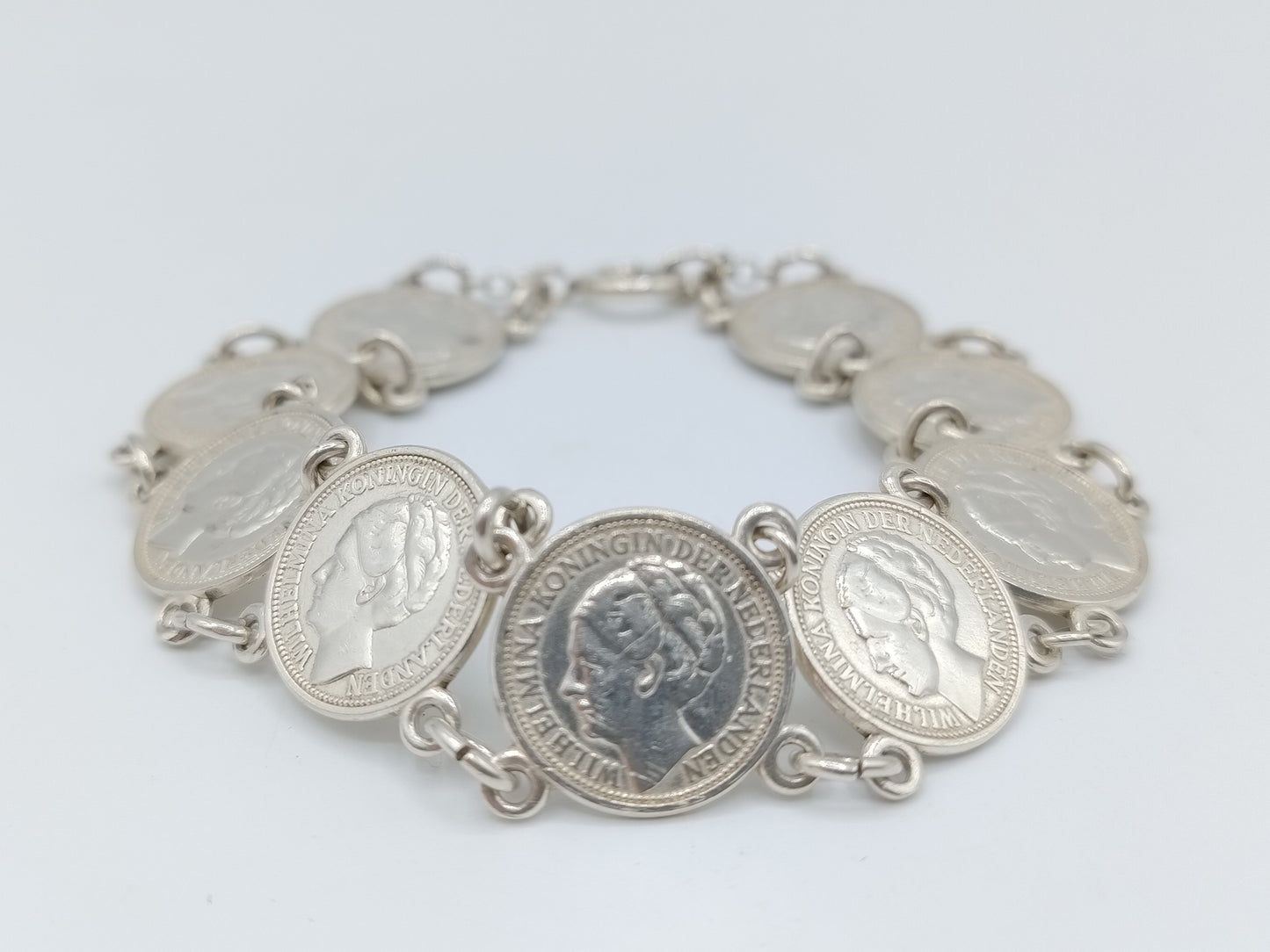 Zilveren armband gemaakt van Wilhelmina dubbeltjes, 18,5 cm