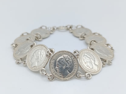 Zilveren armband gemaakt van Wilhelmina dubbeltjes, 18,5 cm