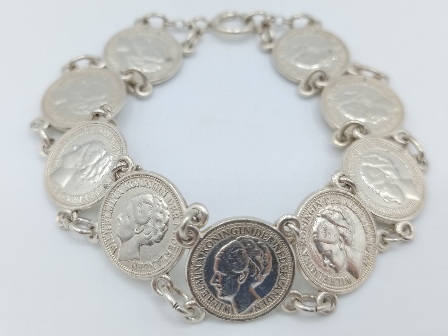 Zilveren armband gemaakt van Wilhelmina dubbeltjes, 18,5 cm