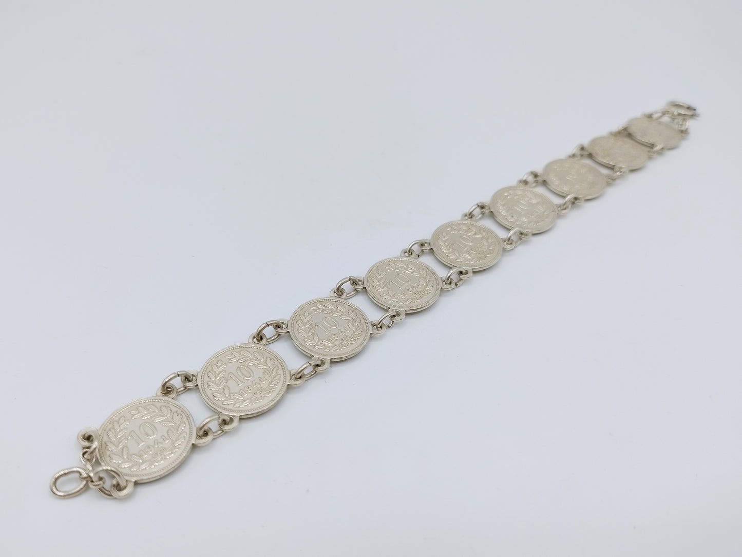 Zilveren armband gemaakt van Wilhelmina dubbeltjes, 18,5 cm