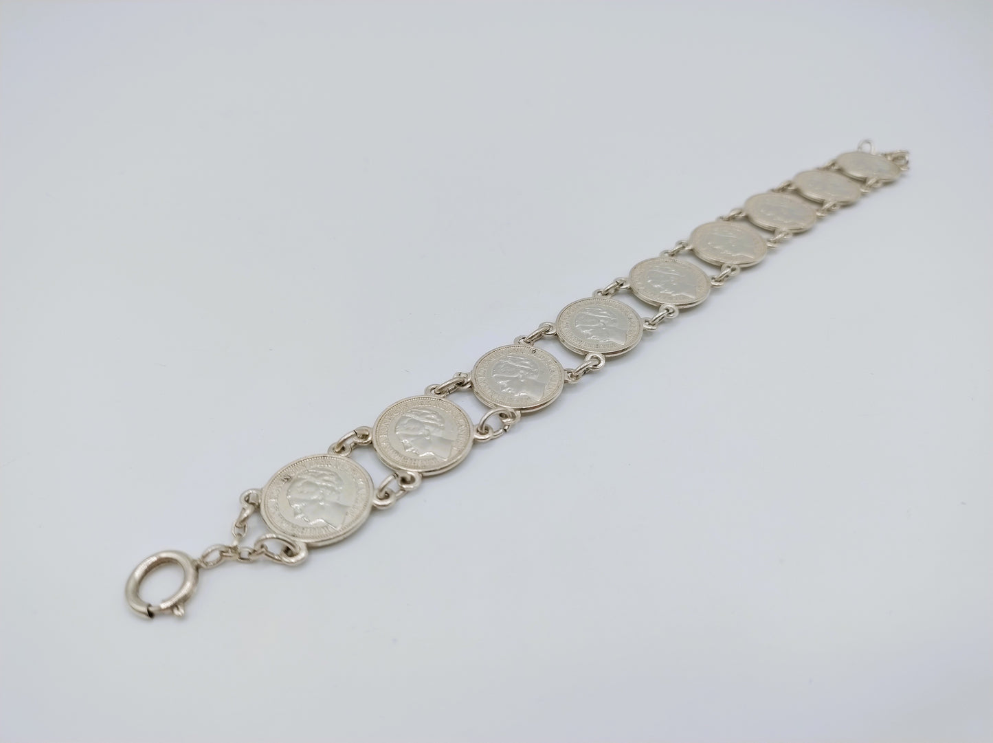 Zilveren armband gemaakt van Wilhelmina dubbeltjes, 18,5 cm