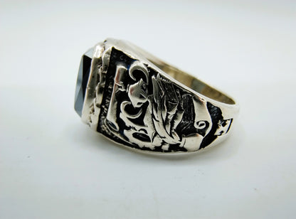 Zilveren ring met uil en hematiet, 18 mm