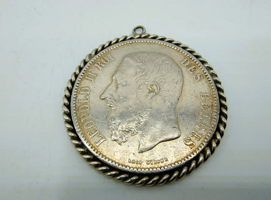 Zilveren munt hanger, 5 Frank, Leopold II, België, 1868
