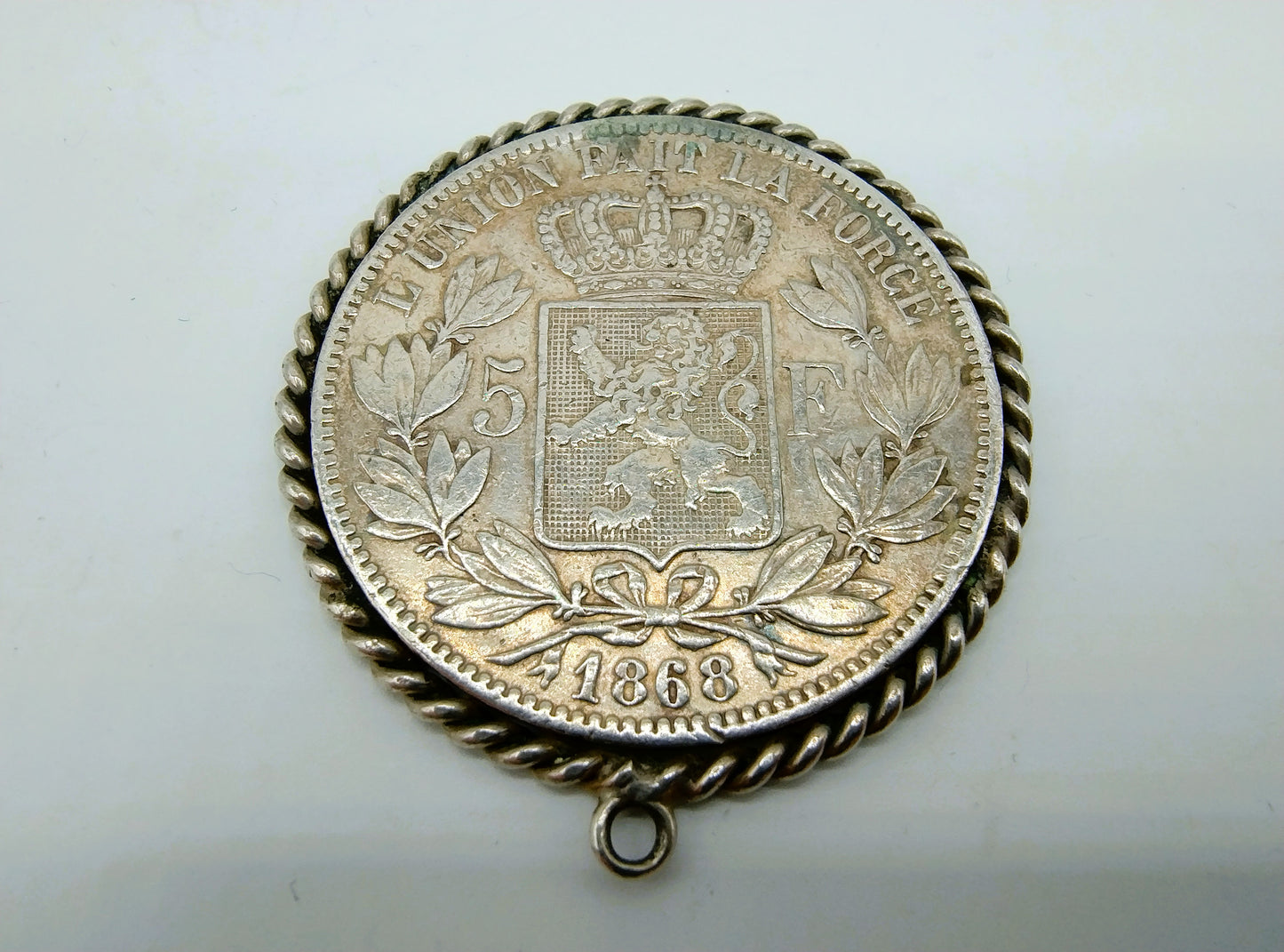 Zilveren munt hanger, 5 Frank, Leopold II, België, 1868