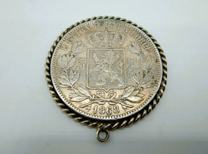 Zilveren munt hanger, 5 Frank, Leopold II, België, 1868