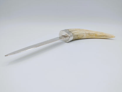 Zilveren brievenopener met als heft een slagtand van een wrattenzwijn.