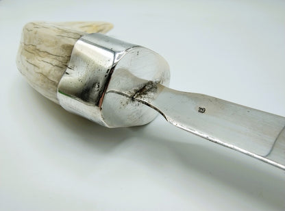 Zilveren brievenopener met als heft een slagtand van een wrattenzwijn.