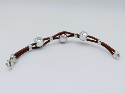Leather bracelet with silver balls and clasp, Italy, 19 cm