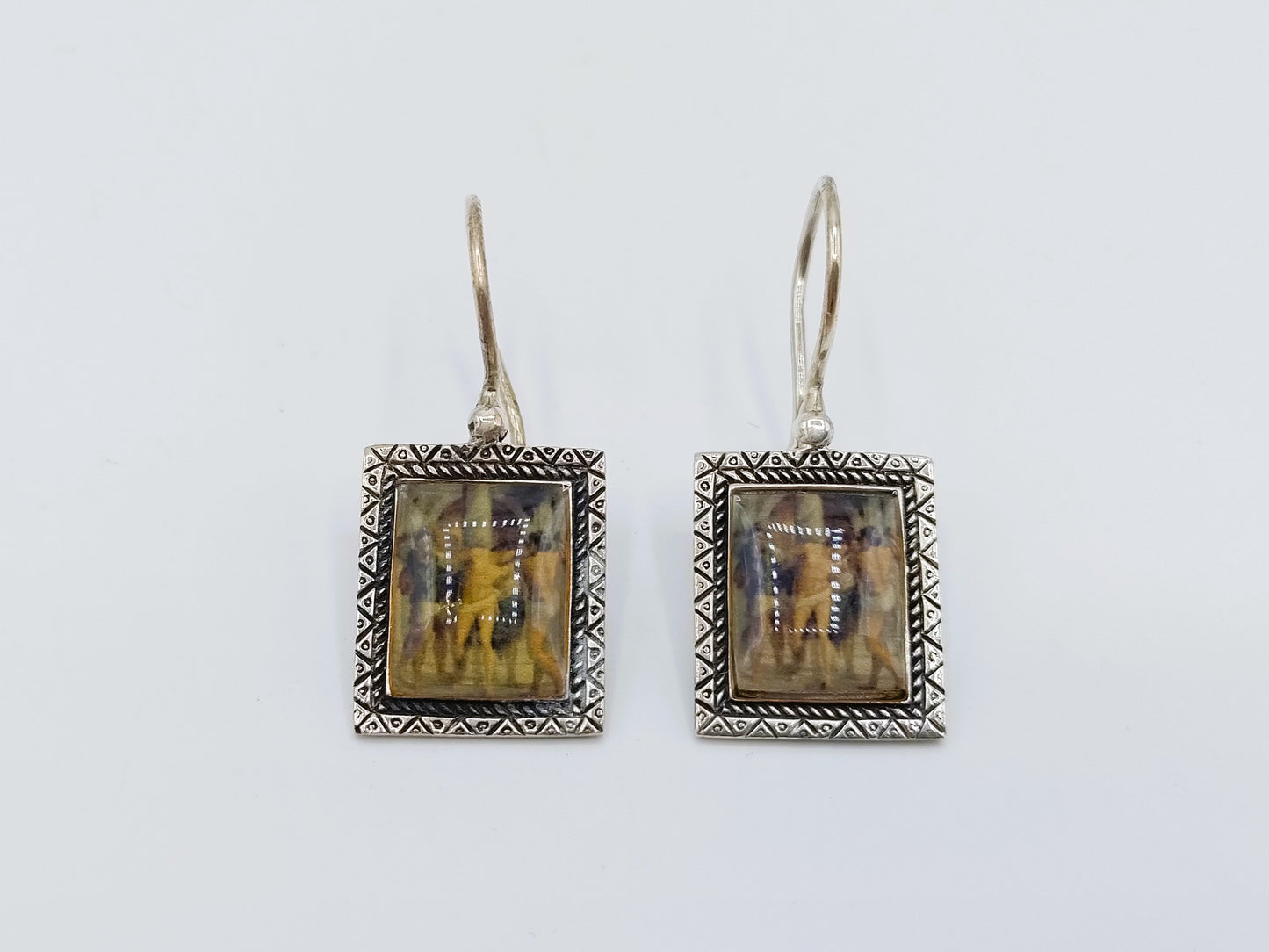 Silver earrings with an image of a painting