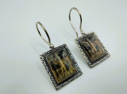 Silver earrings with an image of a painting