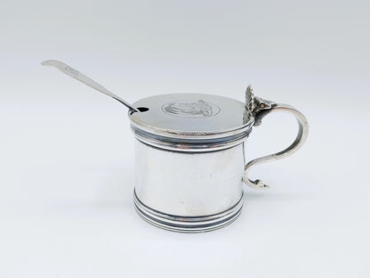 Silver mustard pot with mustard spoon, E. Barnard &amp; Sons Ltd, London, 1977