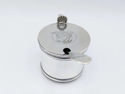Silver mustard pot with mustard spoon, E. Barnard &amp; Sons Ltd, London, 1977