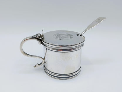 Silver mustard pot with mustard spoon, E. Barnard &amp; Sons Ltd, London, 1977
