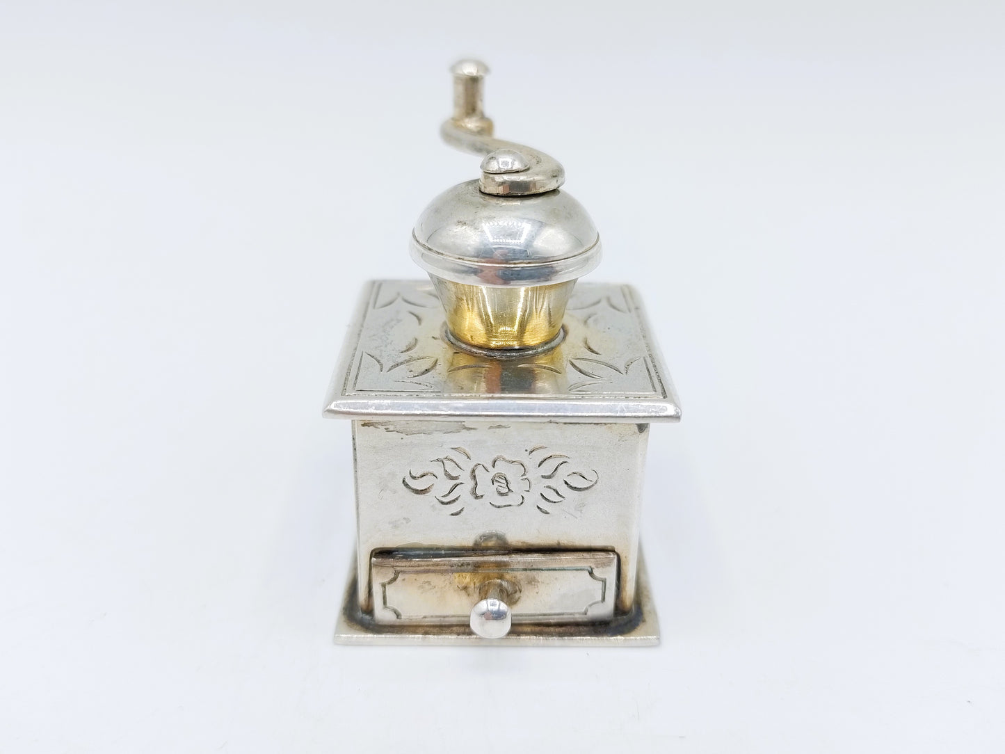 Silver miniature coffee grinder, B. Drost Gz, Rhenen, 1977