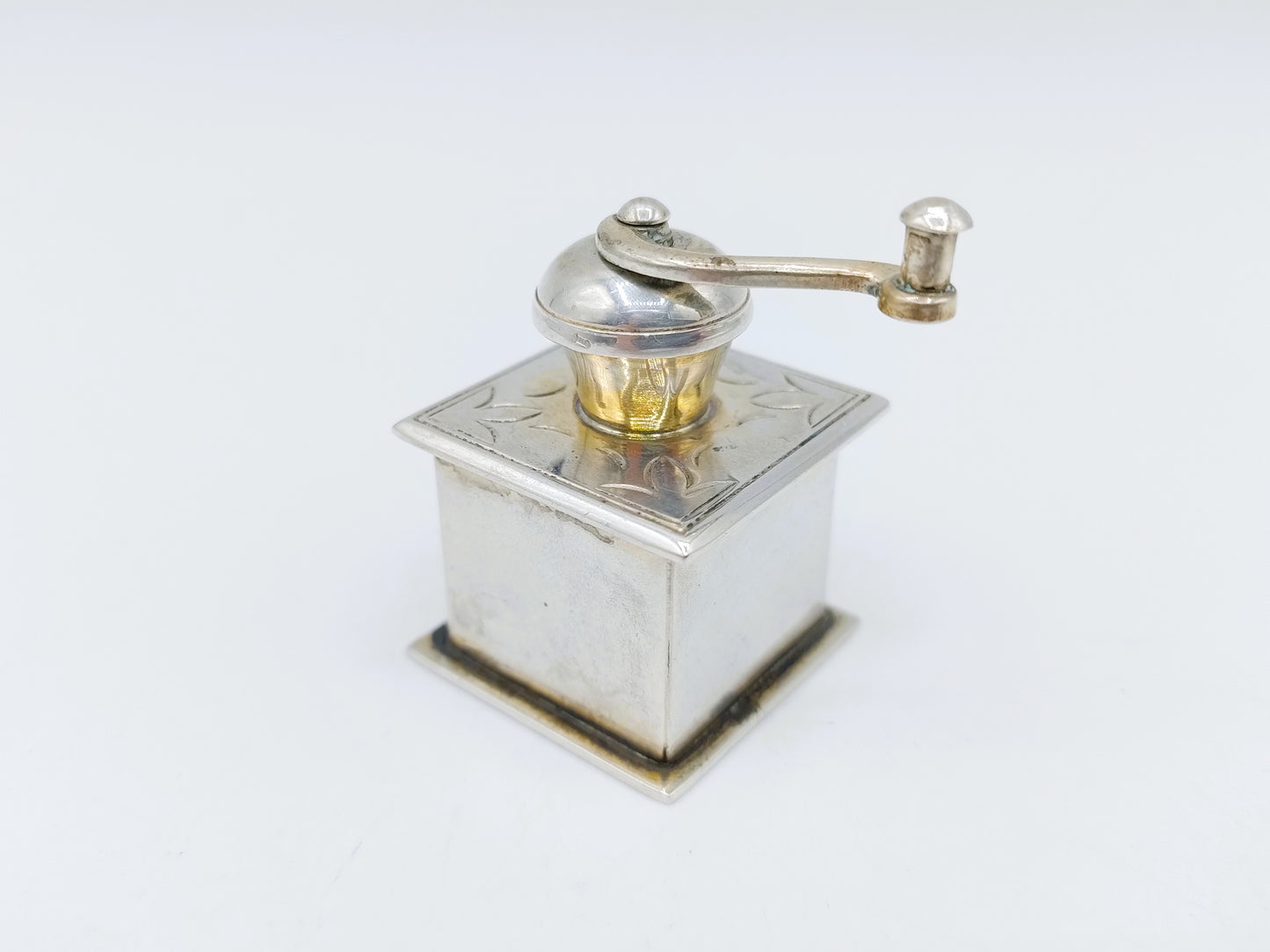Silver miniature coffee grinder, B. Drost Gz, Rhenen, 1977
