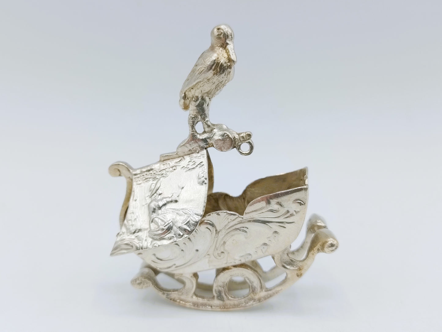 Silver miniature, cradle with stork, K. Kurz, Kesselstadt, ca. 1890