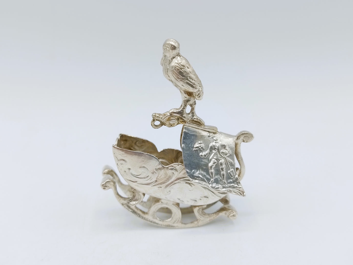 Silver miniature, cradle with stork, K. Kurz, Kesselstadt, ca. 1890