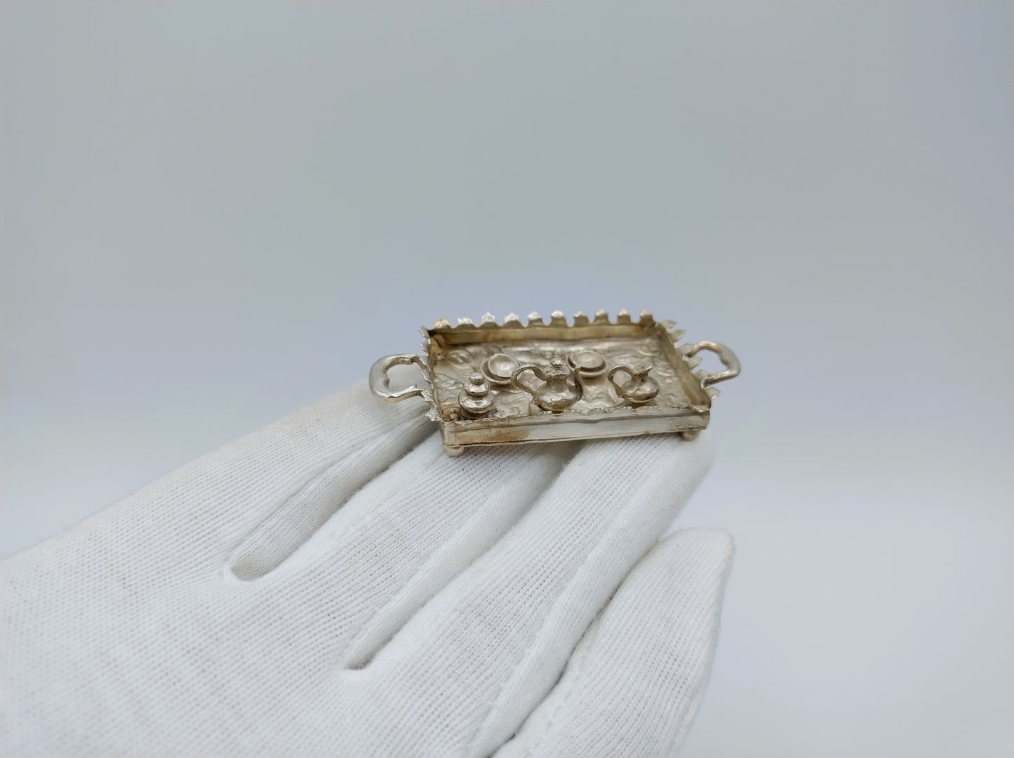 Silver miniature, tray with tea set, I. Miller, London, 1899