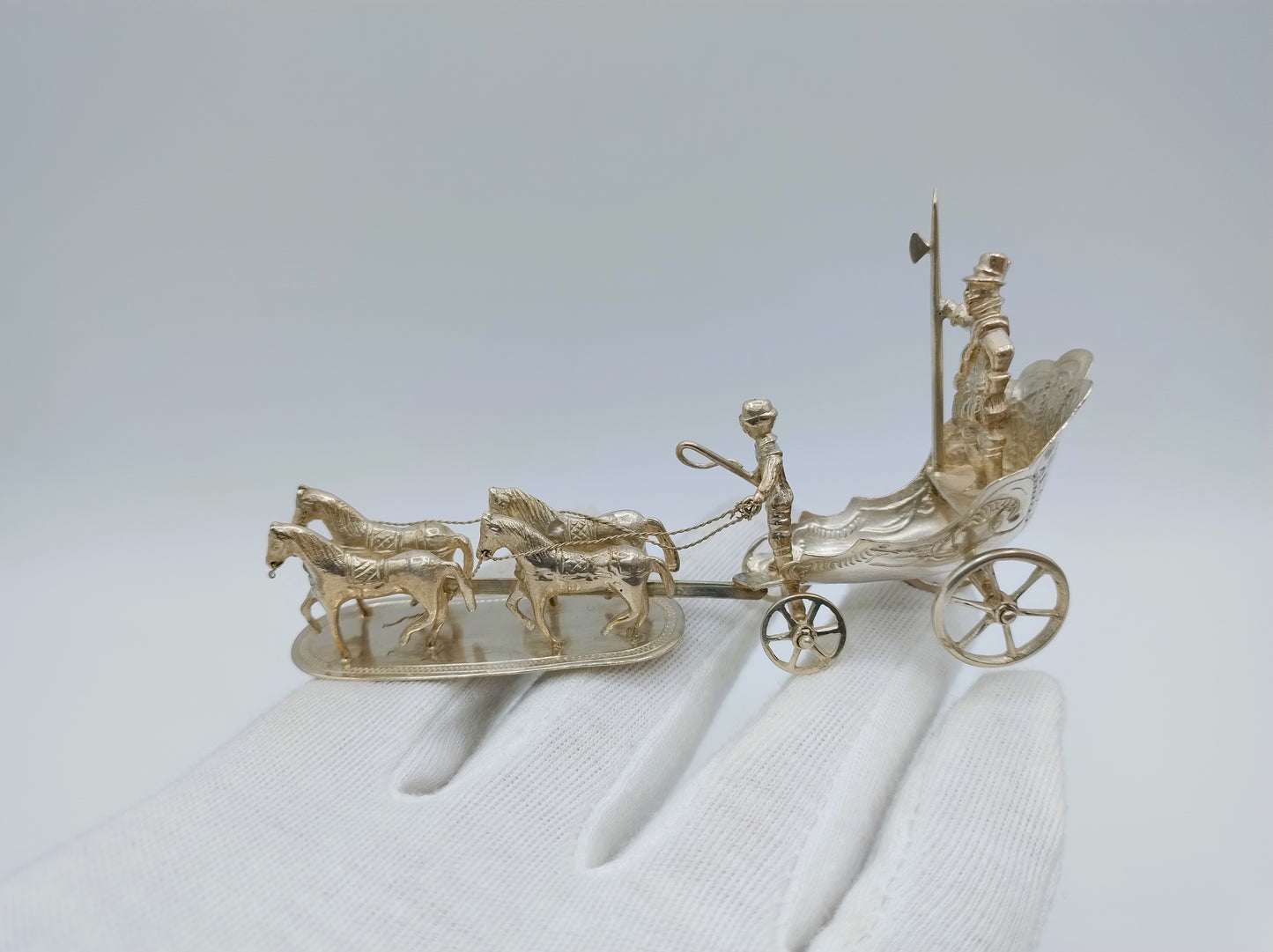 Zilveren miniatuur koets met 4 paarden, J.S. Zwanenburg & Zn, Sneek, 19e eeuws