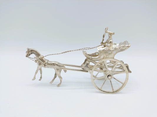 Zilveren miniatuur koets met paard, 19e eeuws