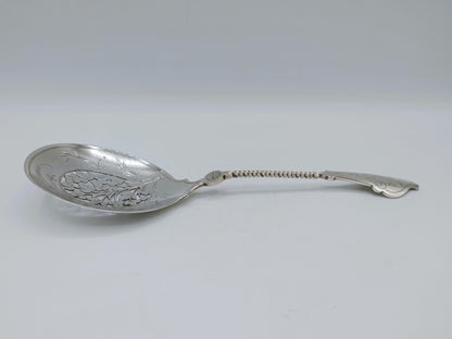 Zilveren natfruitschep met ronde kom en gedetailleerde steel, decoratie langs de rand.