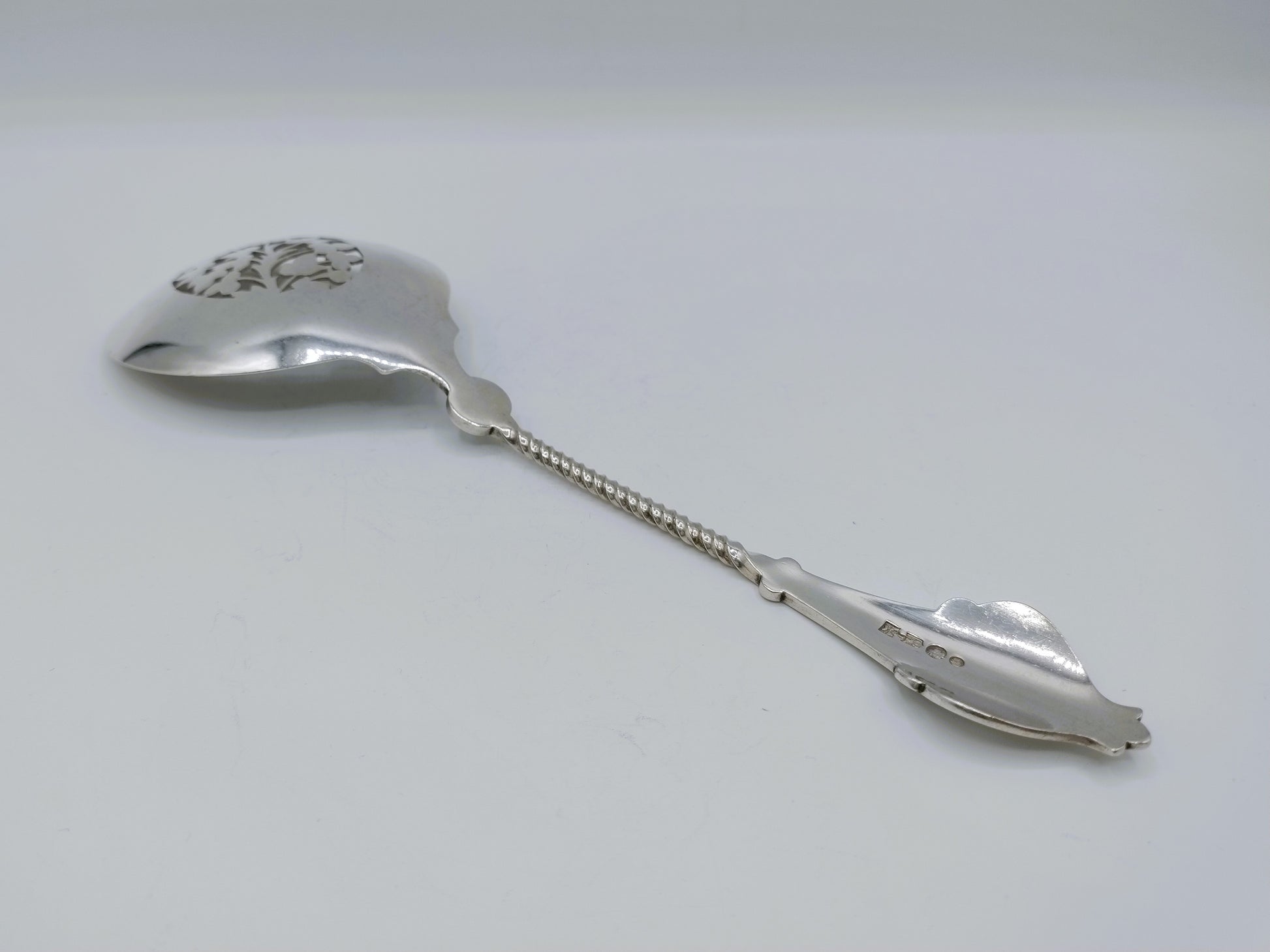 Zilveren natfruitschep met ovale kom en kettingsteel; gegraveerde details op de lepel.