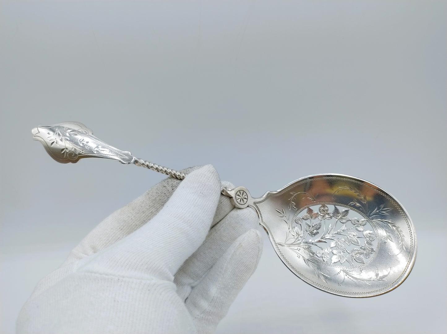 Zilveren natfruitschep vastgehouden met handschoen; ovale kom met sierlijke gravure.