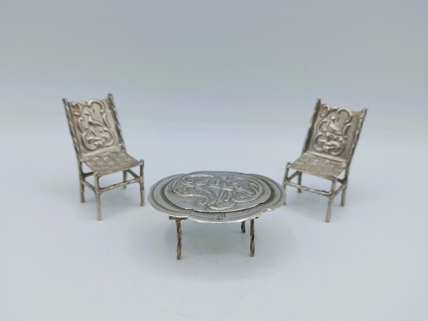 Zilveren miniatuur set tafel met stoelen, F.J. Treeling, Sneek, ca. 1895