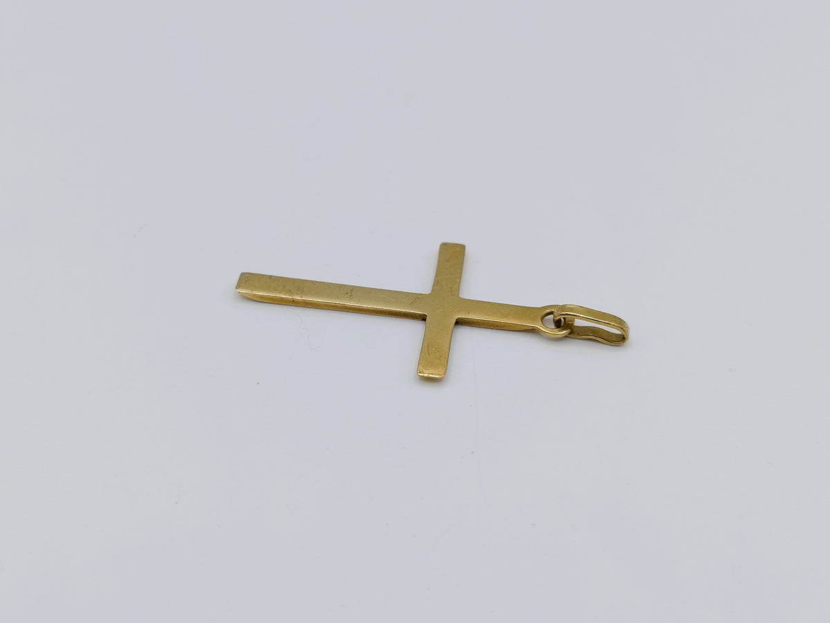 Gouden kruishanger met sluiting en gebogen karabijnklem, kruis liggend