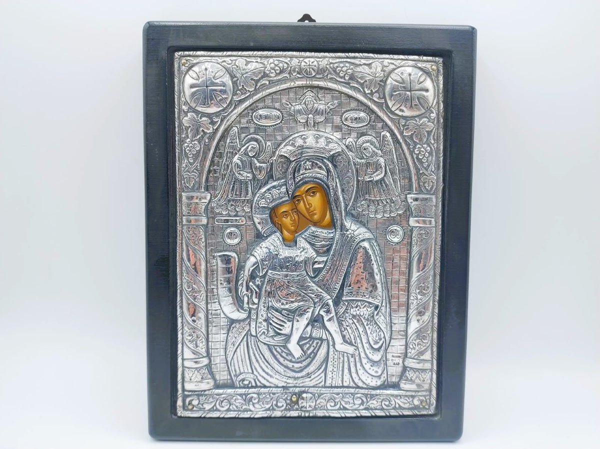 Grieks-Orthodox Icoon, Madonna met Kind (Axion Estin) in zilveren riza