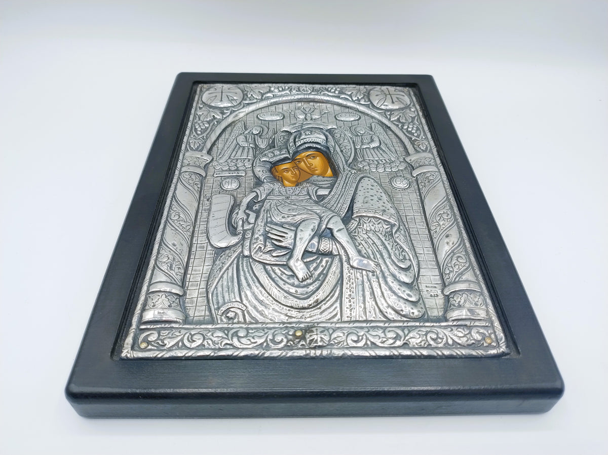 Grieks-Orthodox Icoon, Madonna met Kind (Axion Estin) in zilveren riza