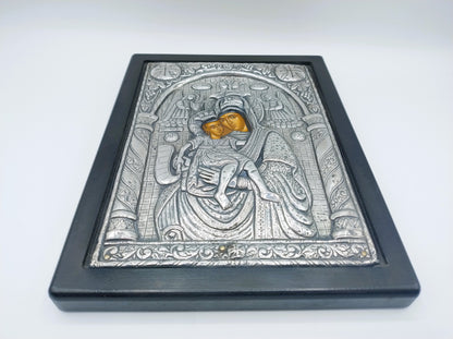 Grieks-Orthodox Icoon, Madonna met Kind (Axion Estin) in zilveren riza