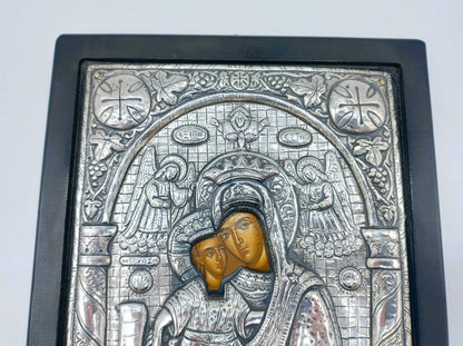 Grieks-Orthodox Icoon, Madonna met Kind (Axion Estin) in zilveren riza