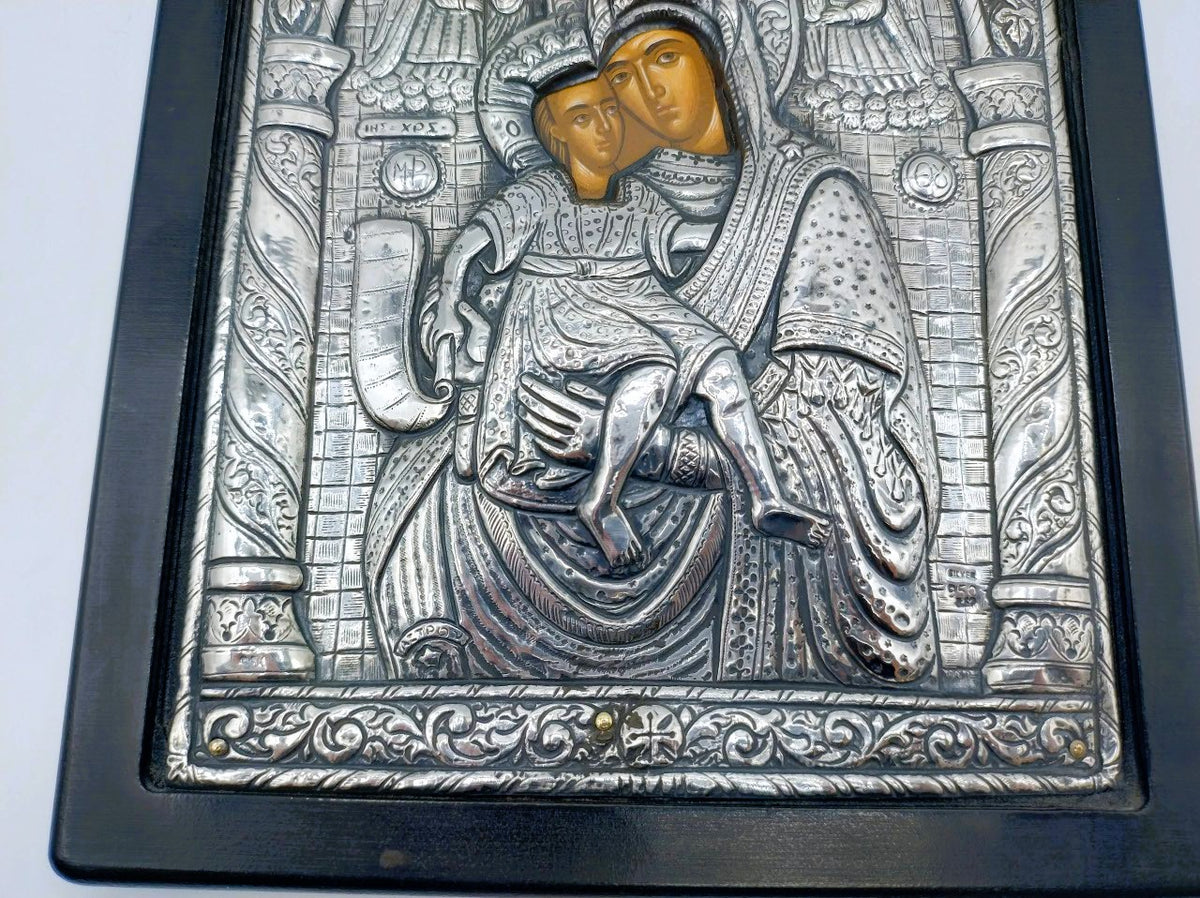 Grieks-Orthodox Icoon, Madonna met Kind (Axion Estin) in zilveren riza