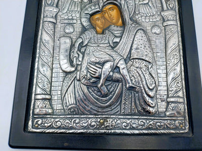 Grieks-Orthodox Icoon, Madonna met Kind (Axion Estin) in zilveren riza