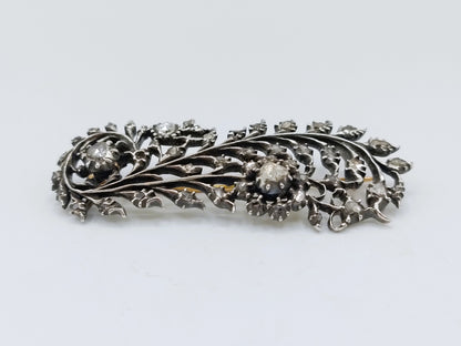 Zilveren / gouden veerbroche met 40 roosgeslepen diamanten, G.J. Huisen, Amsterdam, ca. 1870