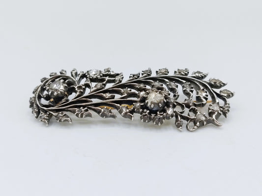 Zilveren / gouden veerbroche met 40 roosgeslepen diamanten, G.J. Huisen, Amsterdam, ca. 1870