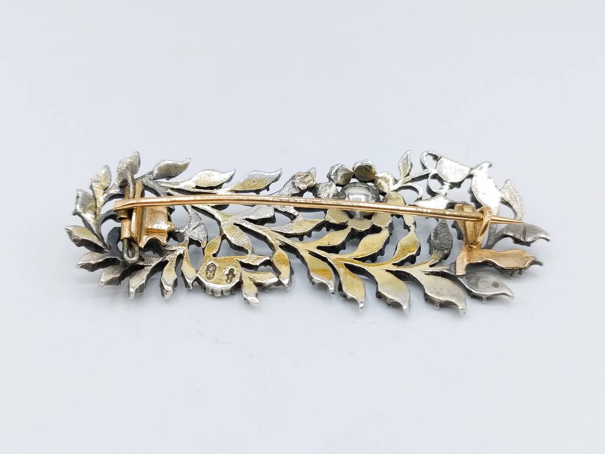 Zilveren / gouden veerbroche met 40 roosgeslepen diamanten, G.J. Huisen, Amsterdam, ca. 1870
