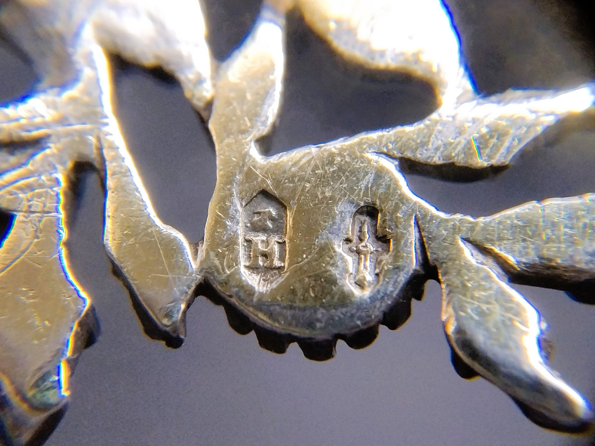 Zilveren / gouden veerbroche met 40 roosgeslepen diamanten, G.J. Huisen, Amsterdam, ca. 1870