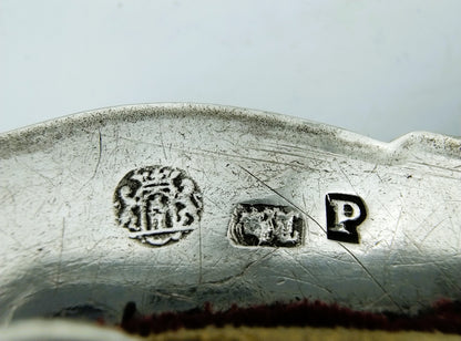 Close-up zilver met gegraveerde merken: leeuw, en letter P, metaal met krasjes