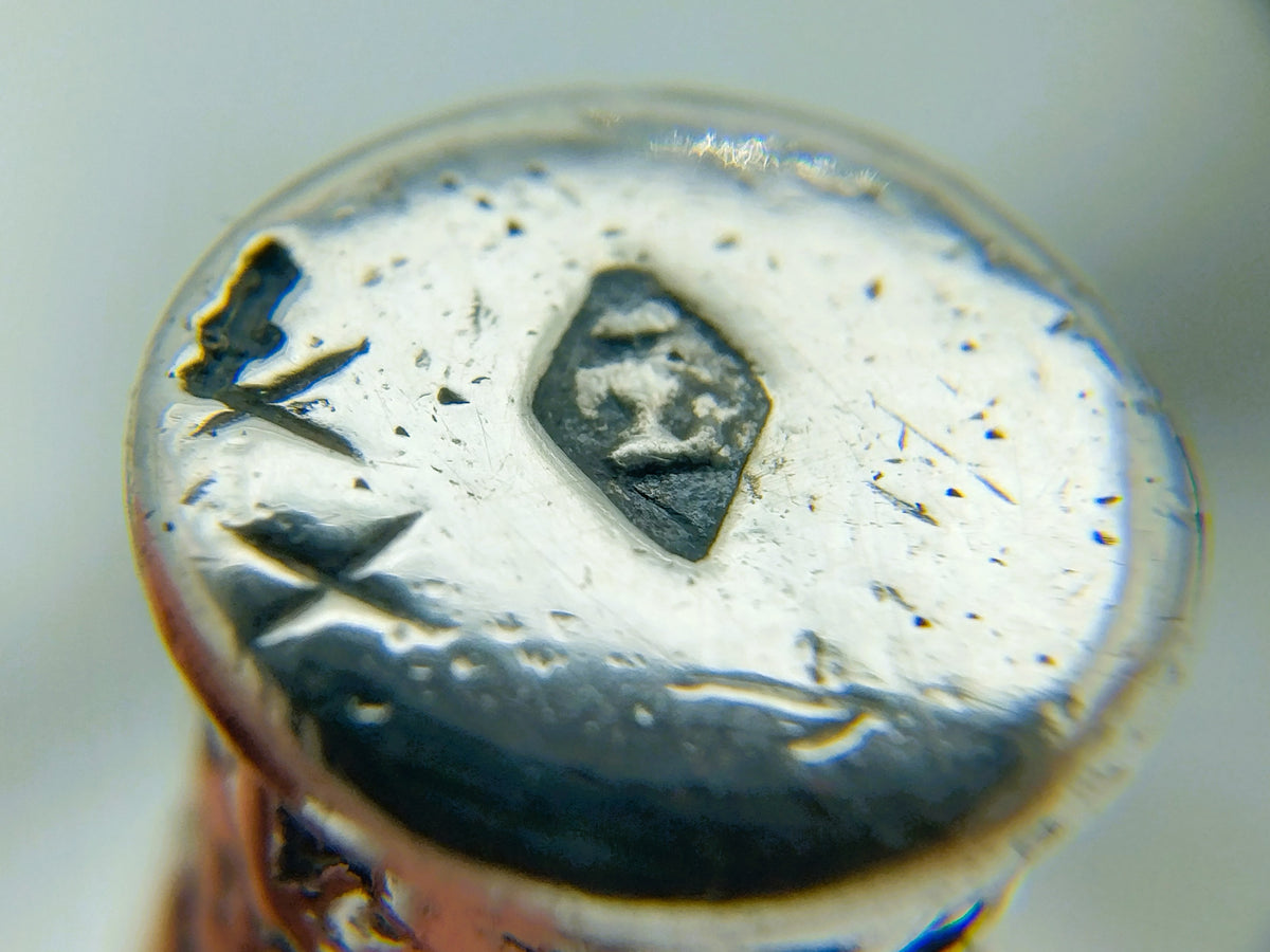 Zilveren dop met gegraveerd embleem bovenop de fluwelen prop, detail